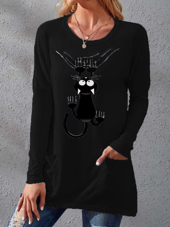 Damen Langere Baumwollmischung Tunika Shirt mit Cartoon-Katzen-Druck und Seitentaschen Drune