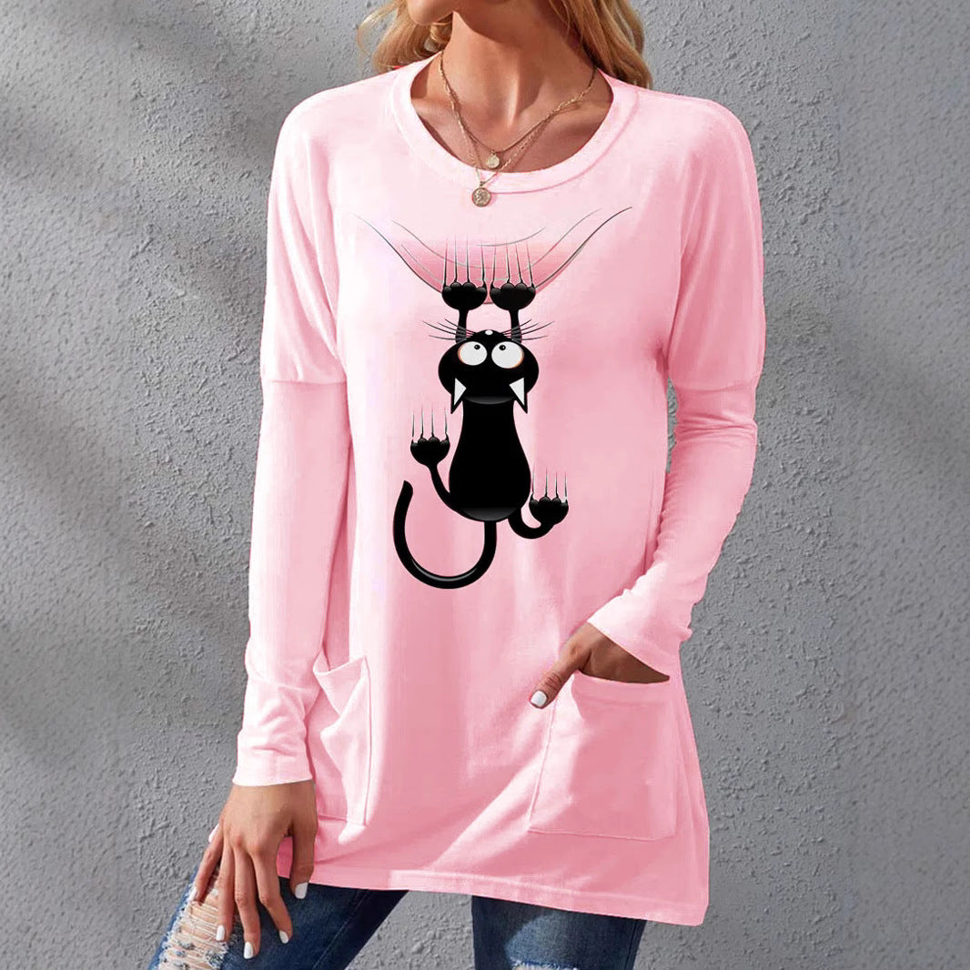 Damen Langere Baumwollmischung Tunika Shirt mit Cartoon-Katzen-Druck und Seitentaschen Drune