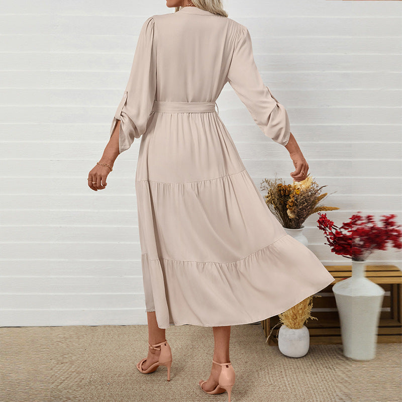 Damen Maxikleid mit V-Ausschnitt und tailliertem Gürtel Drune