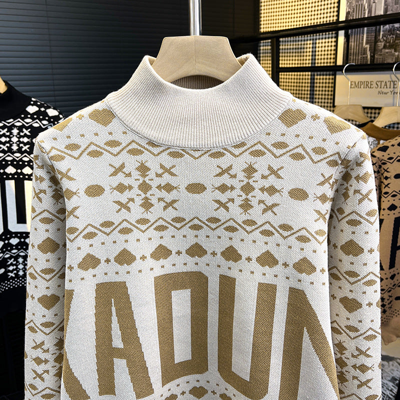 Herren Rollkragenpullover mit Norweger-Jacquard und großflächigem Logoprint Drune