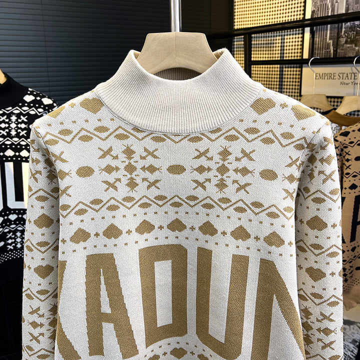Herren Rollkragenpullover mit Norweger-Jacquard und großflächigem Logoprint Drune