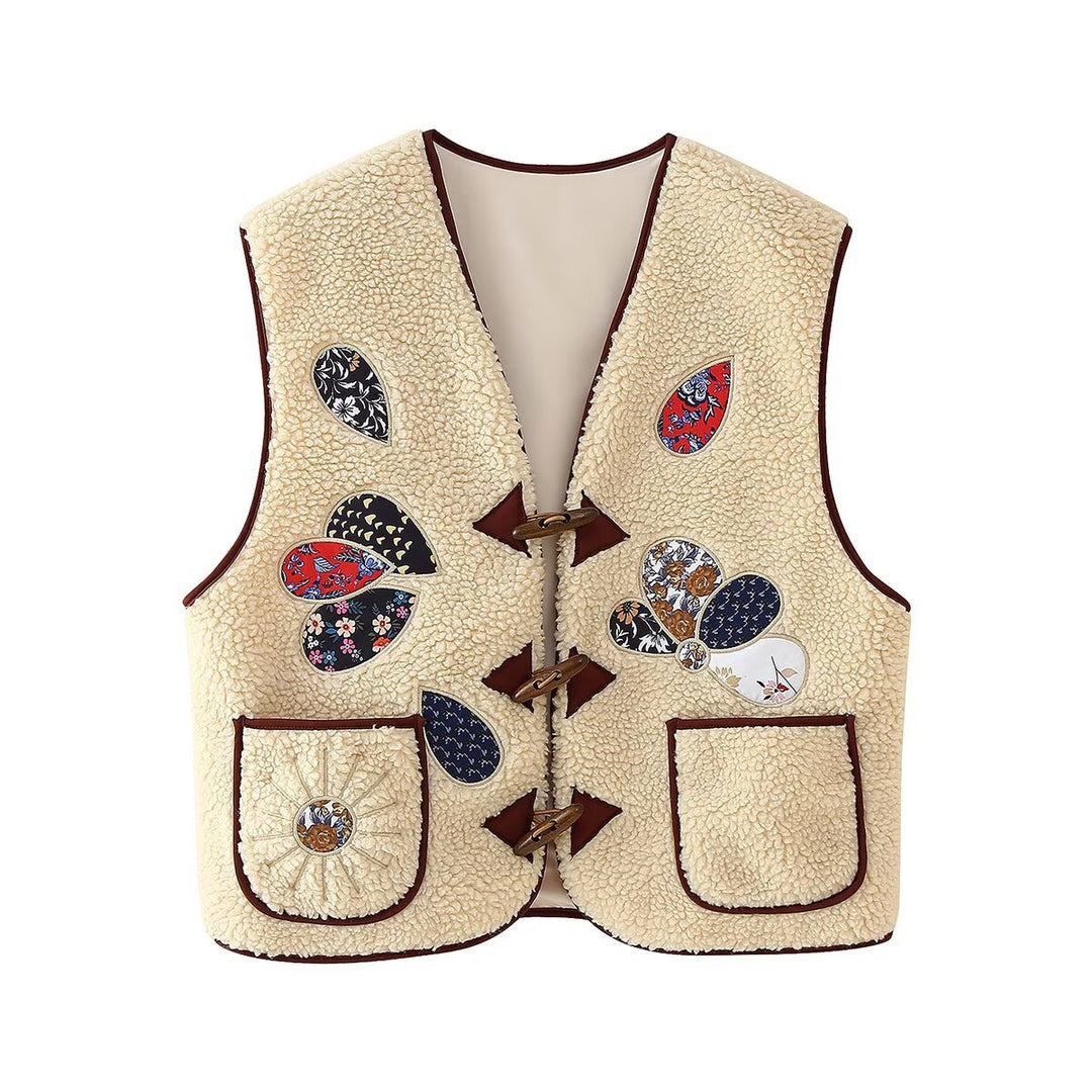 Damen Gefütterte Teddyweste mit Patchwork-Applikationen und Knebelverschlüssen Drune
