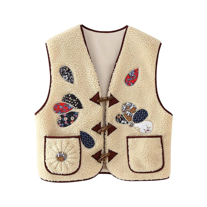 Damen Gefütterte Teddyweste mit Patchwork-Applikationen und Knebelverschlüssen Drune