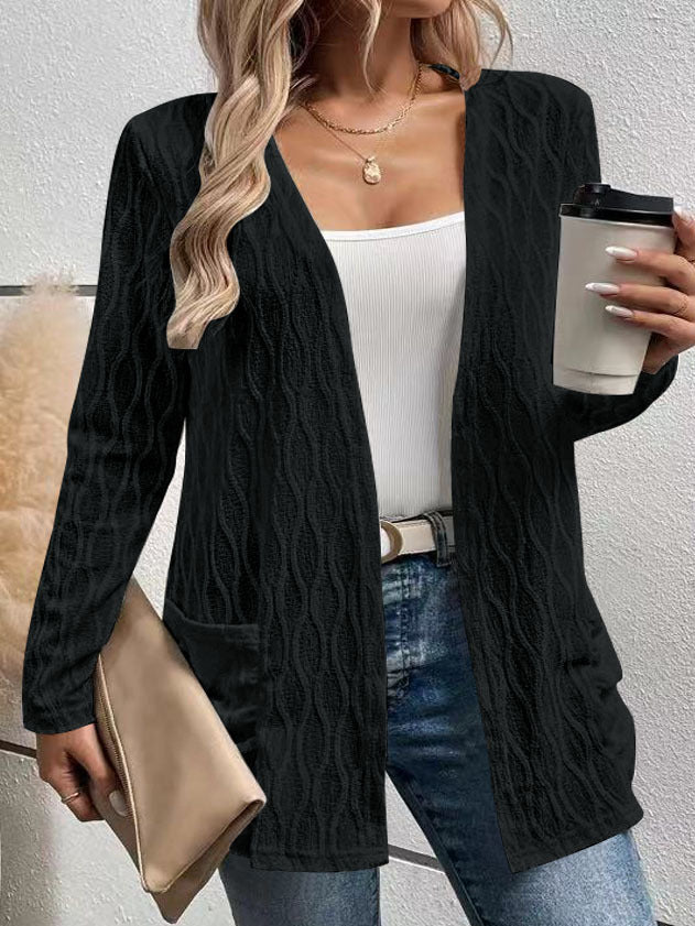 Damen Offene Strickjacke mit strukturierter Wellenoptik und aufgesetzten Taschen Drune