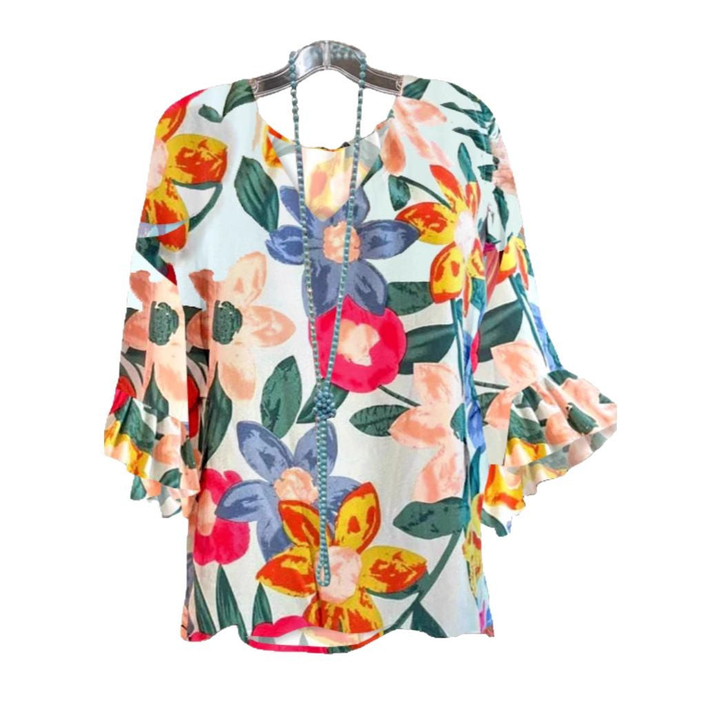 Damen Bluse mit floralem Muster und Rüschendetails Drune