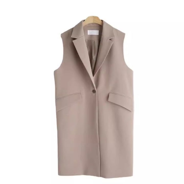 Damen Ärmellose Longweste im Tailoring mit Pattentaschen und einreihiger Knopfleiste Drune