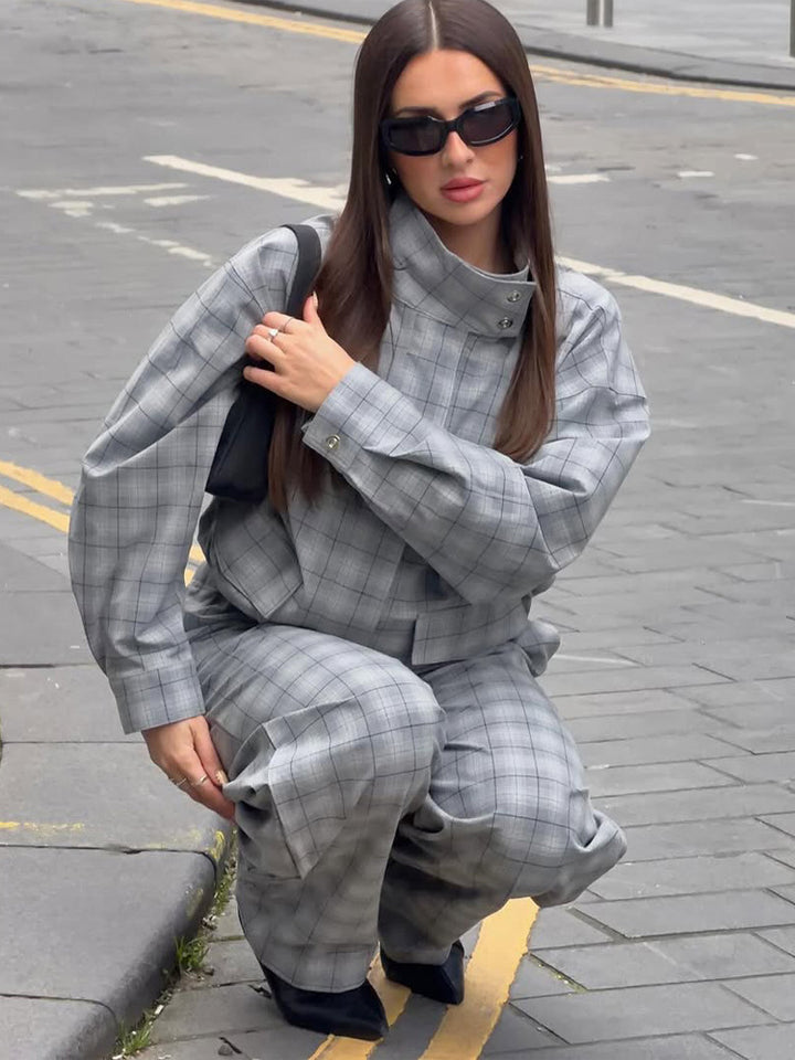 Damen Oversize Karo-Zweiteiler aus Tailormix mit Stehkragen Drune