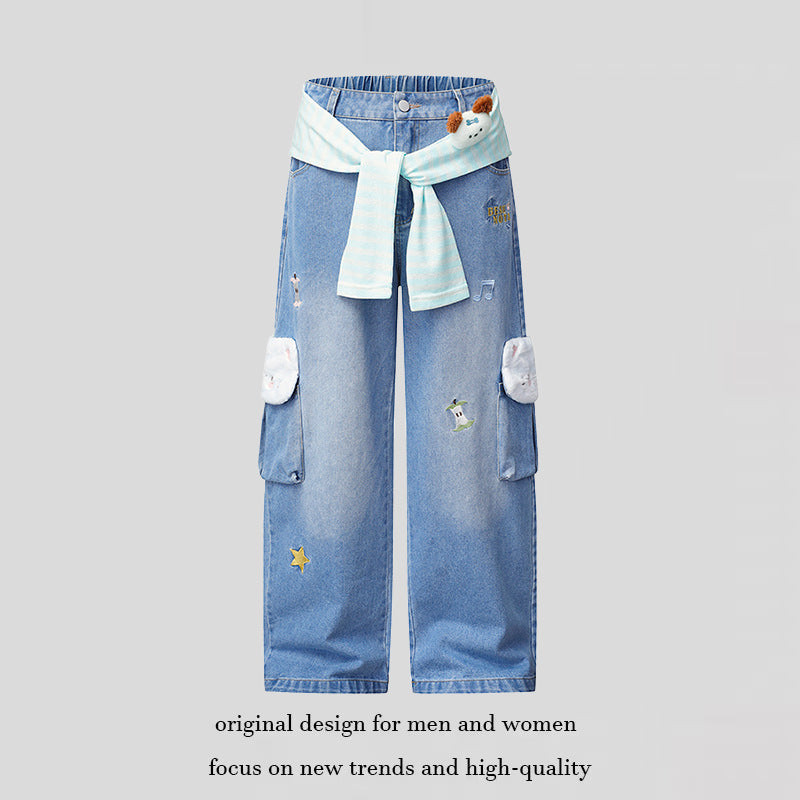 Damen Weiter Cargo-Jeans mit Plüschtaschen, Stickereien und elastischem Bund Drune