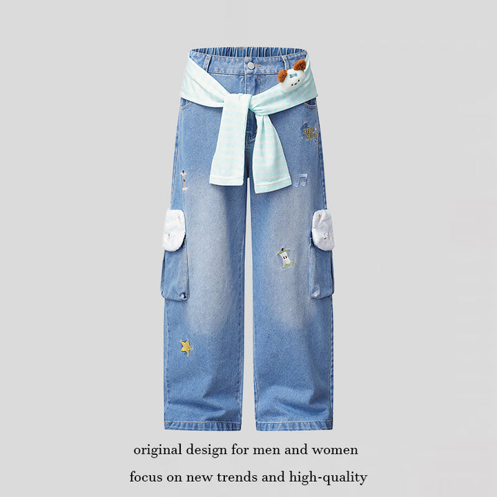 Damen Weiter Cargo-Jeans mit Plüschtaschen, Stickereien und elastischem Bund Drune