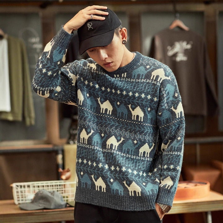Herren Strickpullover mit Kamel-Jacquardmuster und geripptem Saum Drune