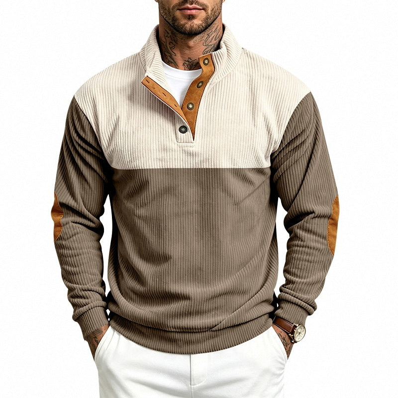 Herren Gerippter Stehkragen-Pullover mit Knopfleiste, Kontrastblende und Ellbogen-Patches Drune