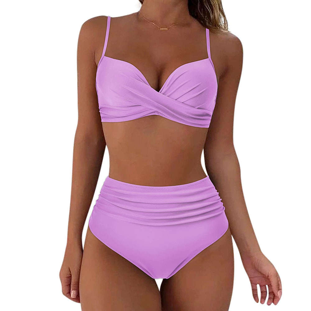 Damen Hochtailliertes Bikini-Set mit floralem Oberteil und gerafftem Höschen Drune