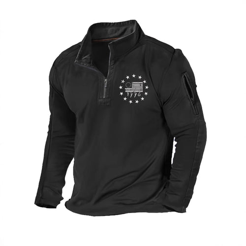 Herren Taktischer Halb-Reißverschluss Pullover mit Ärmeltasche und patriotischem Brustprint Drune
