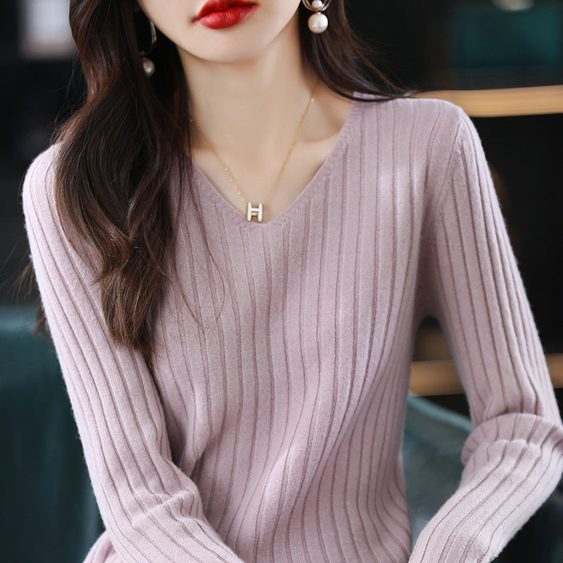 Damen Strickpullover mit feiner Rippenstruktur und V-Ausschnitt Drune