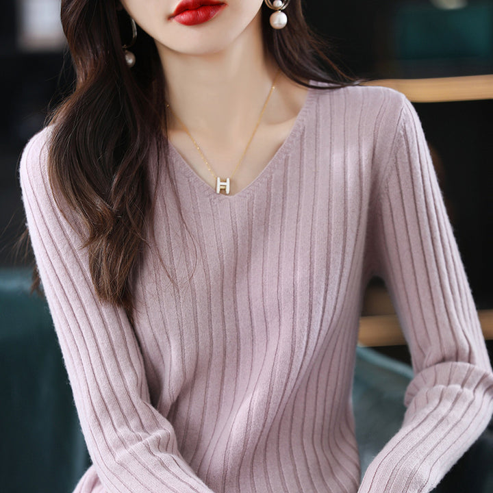 Damen Strickpullover mit feiner Rippenstruktur und V-Ausschnitt Drune
