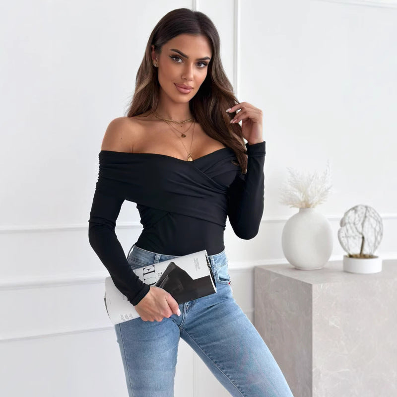 Damen Off-Shoulder Oberteil mit Wickeldesign und langem Arm Drune