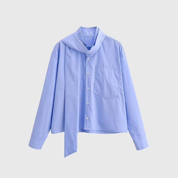 Damen Oversize‑Hemdbluse mit integriertem Halstuch‑Schal und aufgesetzter Brusttasche Drune