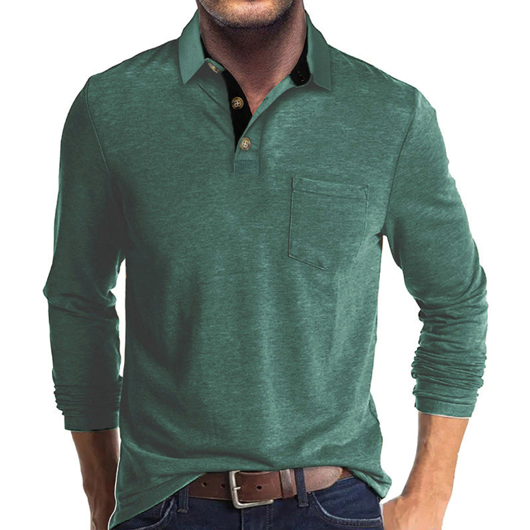 Herren langärmliges Polohemd mit Brusttasche, Kontrastknopfleiste und legerer Stretch-Passform Drune