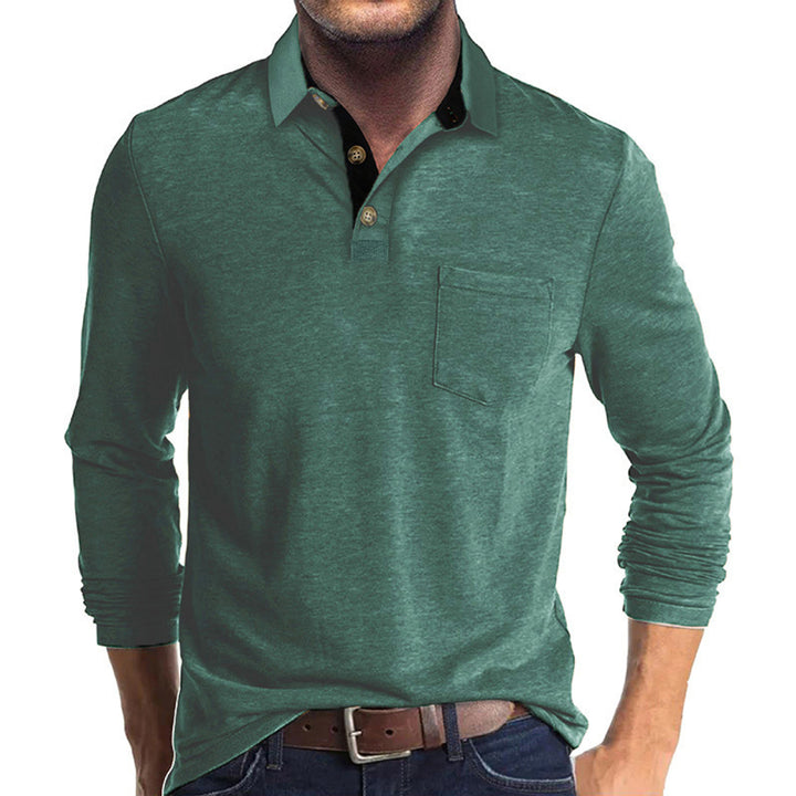 Herren langärmliges Polohemd mit Brusttasche, Kontrastknopfleiste und legerer Stretch-Passform Drune
