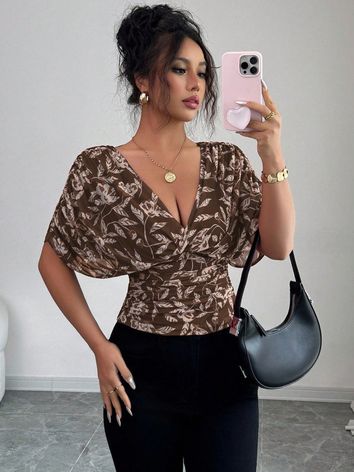 Damen Figurbetonte Wickelbluse mit tiefem V-Ausschnitt, geraffter Taille und Kimonoärmeln Drune