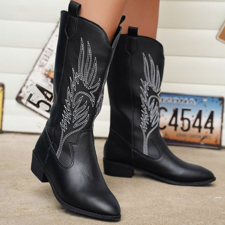 Damen Cowgirl-Kniehoher Stiefel mit dekorativer Stickerei, Pull‑Tabs und komfortablem Blockabsatz Drune