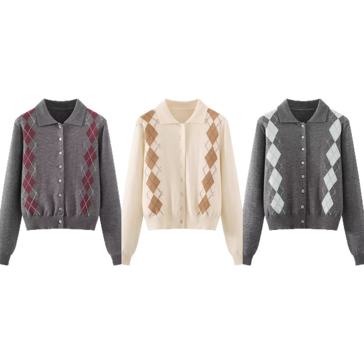 Damen Feinstrick-Cardigan mit Argyle‑Muster, Polokragen und tailliertem Cropped‑Schnitt Drune