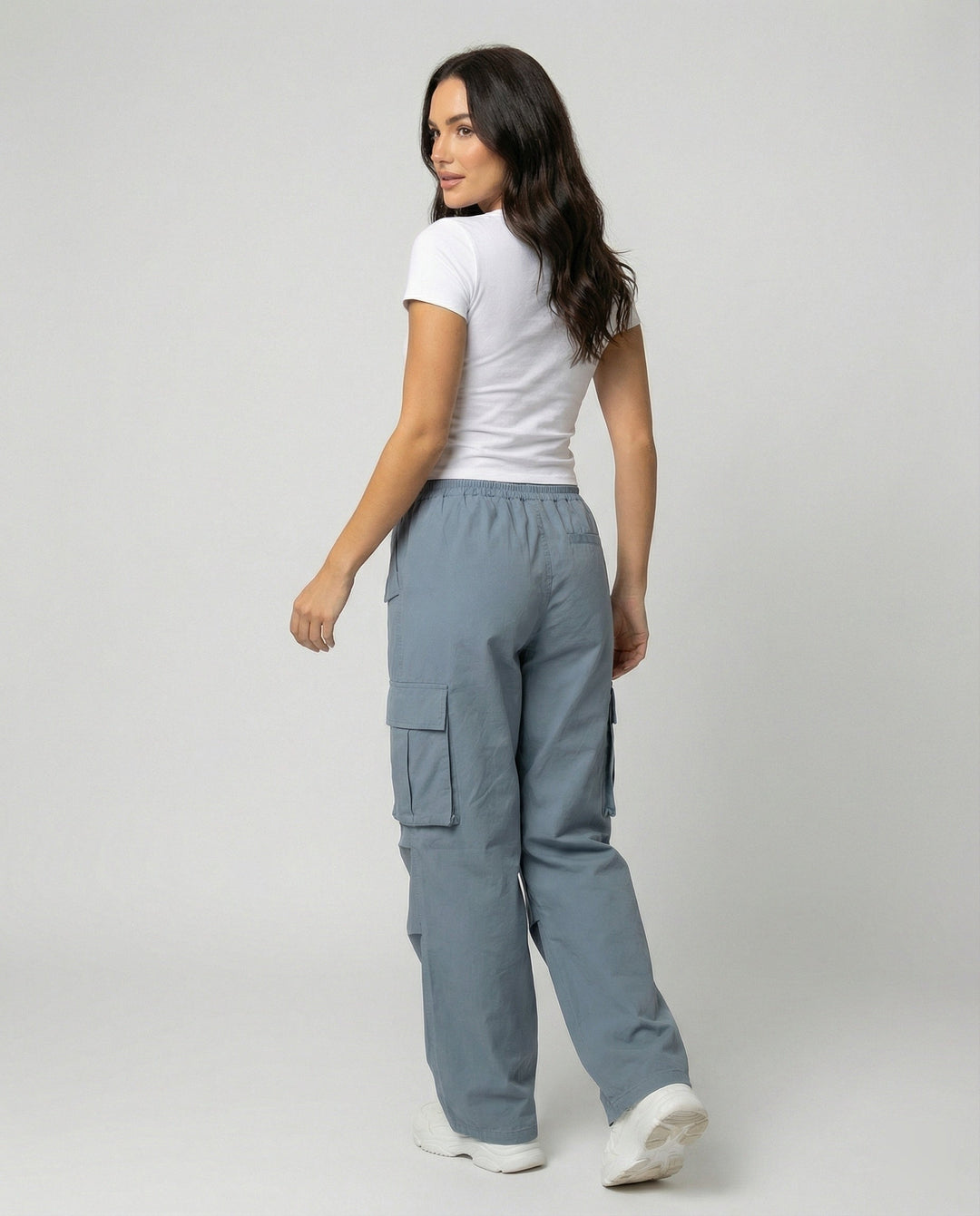 Damen weite Cargo-Hose im Retro-Utility-Stil mit hochgeschnittenem Bund Tunnelzug Mehrfachklappentaschen und verstellbaren Seitenschlaufen Drune