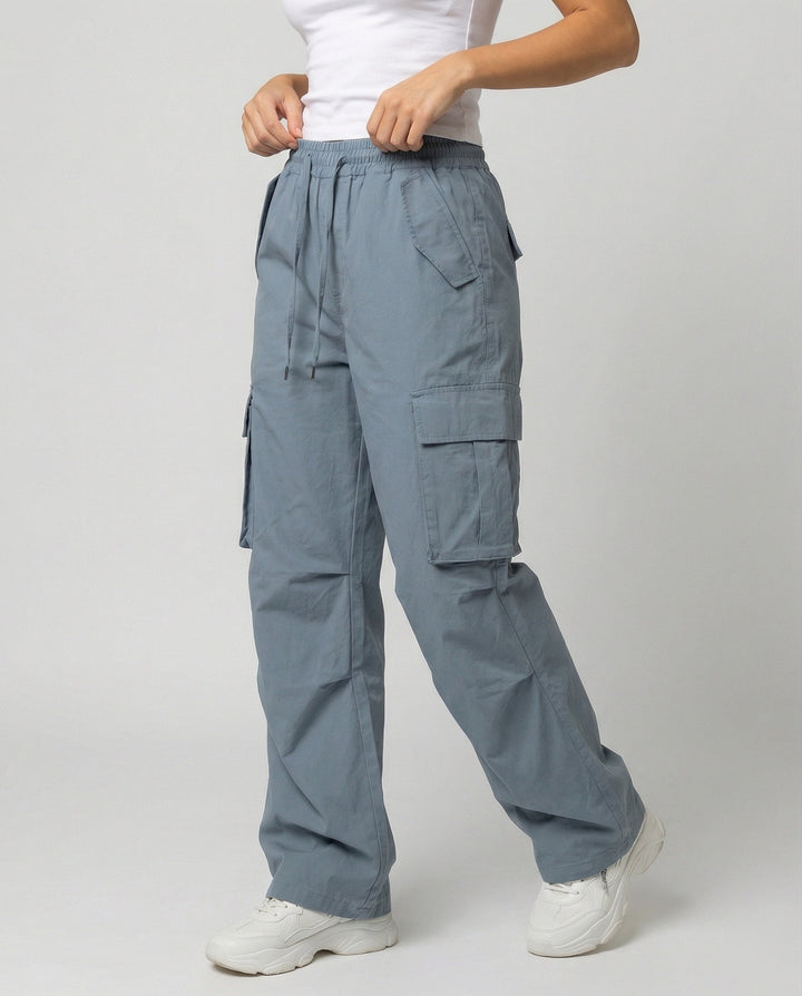 Damen weite Cargo-Hose im Retro-Utility-Stil mit hochgeschnittenem Bund Tunnelzug Mehrfachklappentaschen und verstellbaren Seitenschlaufen Drune