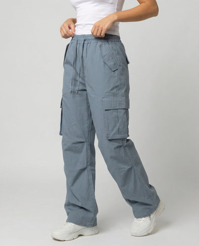 Damen weite Cargo-Hose im Retro-Utility-Stil mit hochgeschnittenem Bund Tunnelzug Mehrfachklappentaschen und verstellbaren Seitenschlaufen Drune