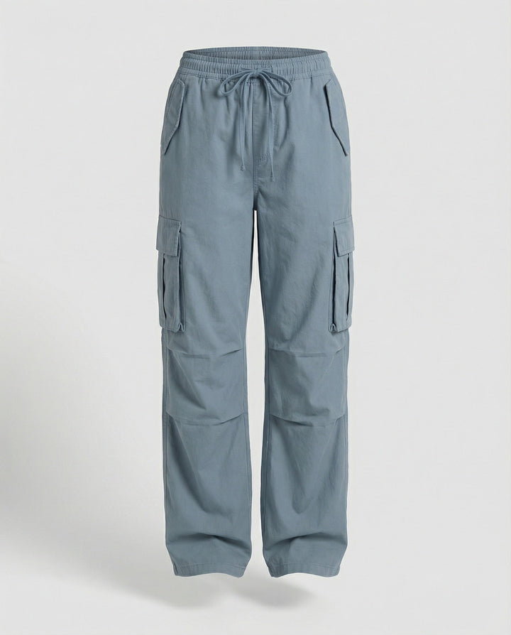 Damen weite Cargo-Hose im Retro-Utility-Stil mit hochgeschnittenem Bund Tunnelzug Mehrfachklappentaschen und verstellbaren Seitenschlaufen Drune
