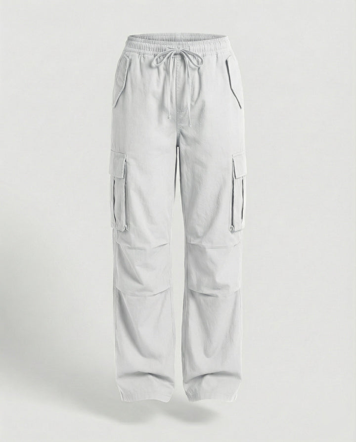 Damen weite Cargo-Hose im Retro-Utility-Stil mit hochgeschnittenem Bund Tunnelzug Mehrfachklappentaschen und verstellbaren Seitenschlaufen Drune