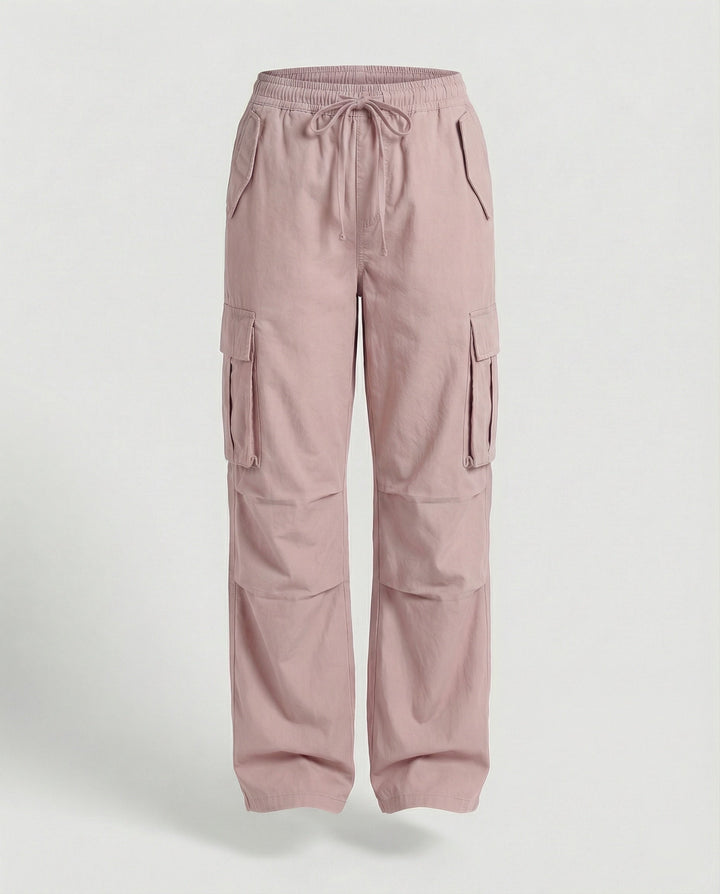 Damen weite Cargo-Hose im Retro-Utility-Stil mit hochgeschnittenem Bund Tunnelzug Mehrfachklappentaschen und verstellbaren Seitenschlaufen Drune