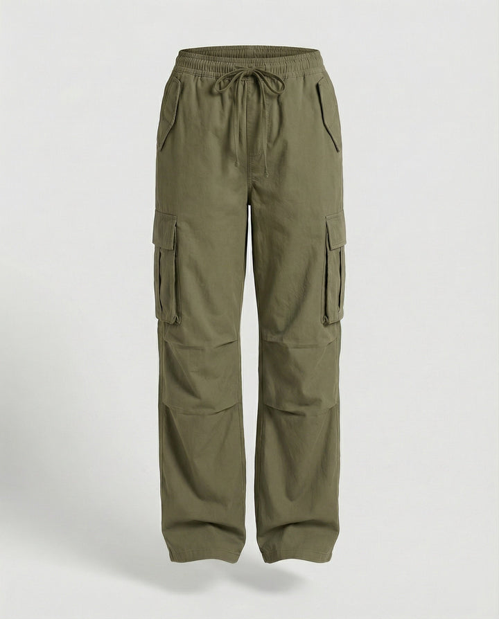 Damen weite Cargo-Hose im Retro-Utility-Stil mit hochgeschnittenem Bund Tunnelzug Mehrfachklappentaschen und verstellbaren Seitenschlaufen Drune
