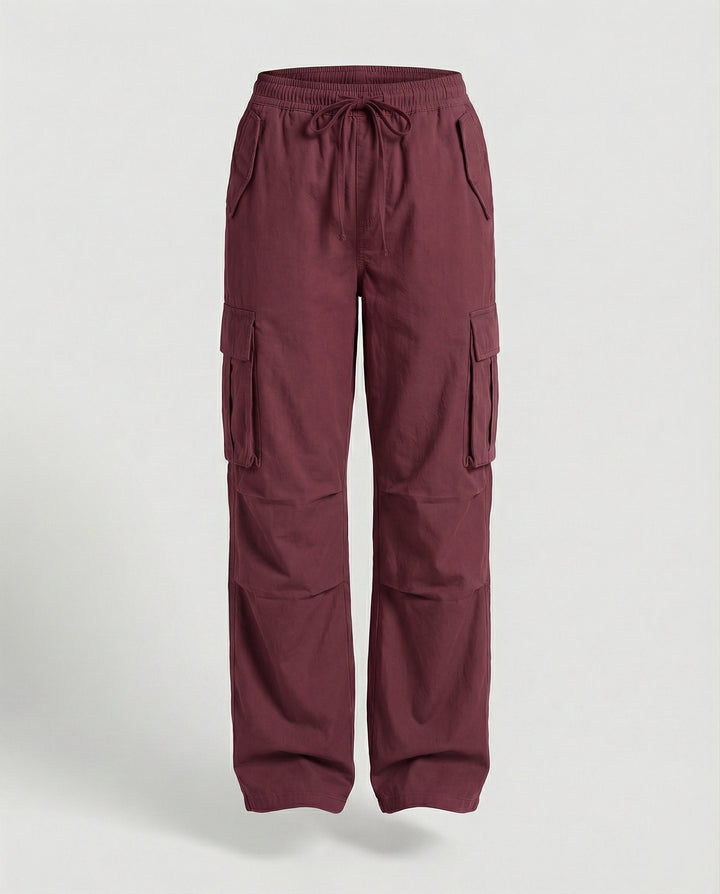 Damen weite Cargo-Hose im Retro-Utility-Stil mit hochgeschnittenem Bund Tunnelzug Mehrfachklappentaschen und verstellbaren Seitenschlaufen Drune