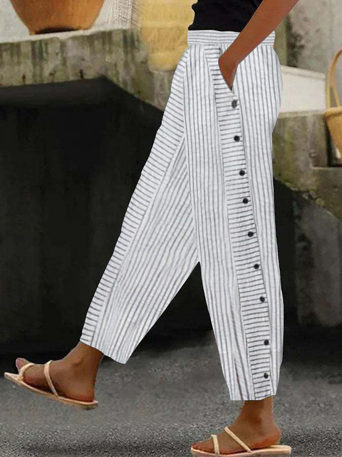 Damenweite Culotte-Hosen mit Paperbag-Taille, Knopfleiste und Seitentaschen Drune