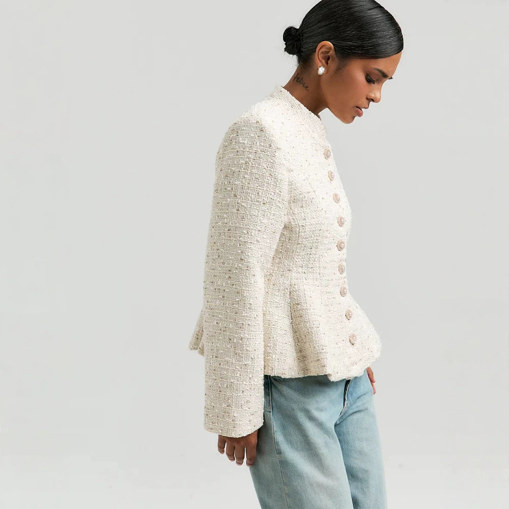 Damen Bouclé-Blazer mit Stehkragen und taillierter Schößchen-Silhouette Drune