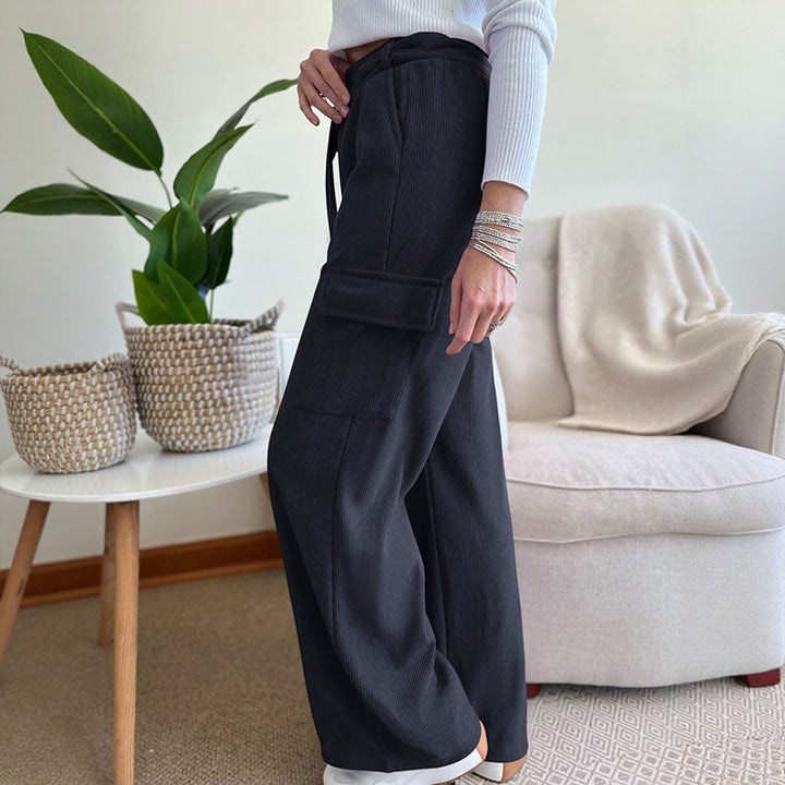 Damen Weite High-Waist-Hose mit Stoffgürtel und Cargo-Taschen Drune