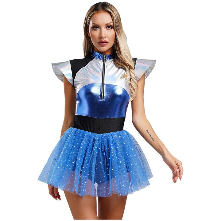 Damen Futuristisches Glitzer-Cocktailkleid mit transparentem Tüll und verstellbarem Reißverschluss Drune