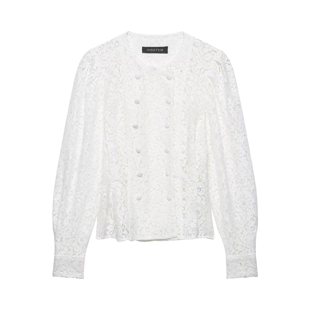 Damen Spitzenbluse im Jackenlook mit floralem Spitzenmuster und Zierknopfleiste Drune