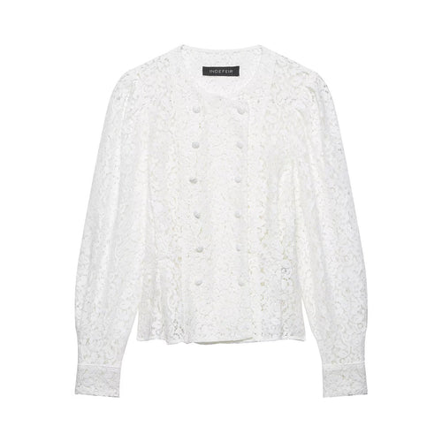 Damen Spitzenbluse im Jackenlook mit floralem Spitzenmuster und Zierknopfleiste Drune