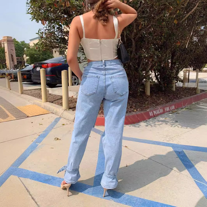 Damen Zerrissene Mom Jeans Drune