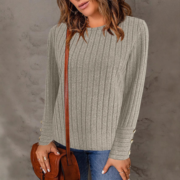 Damen Gerippter Feinstrick-Pullover mit Rundhals und Perlmuttknopf‑Manschetten Drune