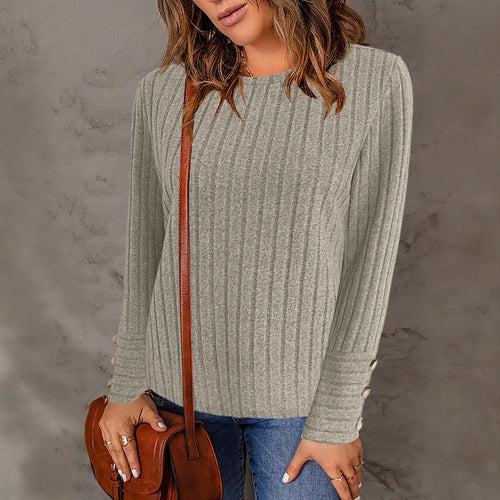 Damen Gerippter Feinstrick-Pullover mit Rundhals und Perlmuttknopf‑Manschetten Drune