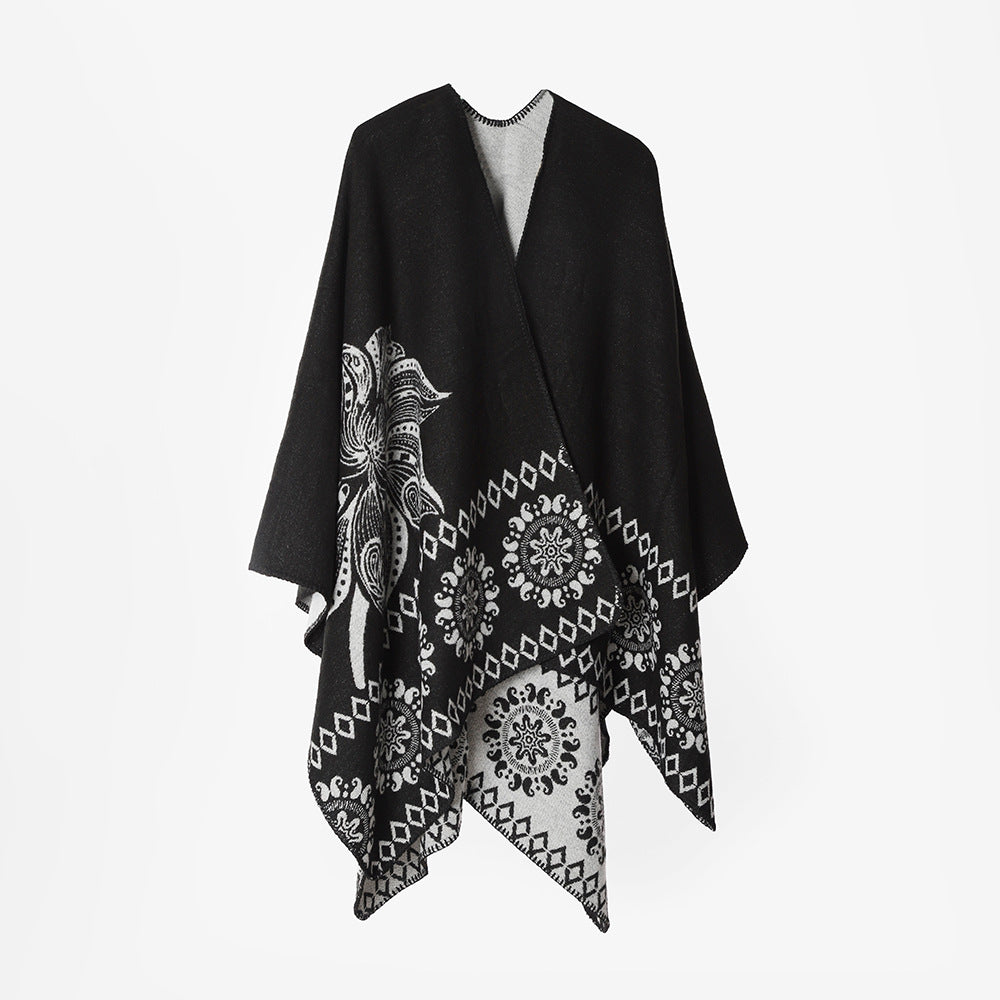 Damen Reversibler Muster-Capeponcho aus Wollmix mit floralen Medaillon-Details Drune