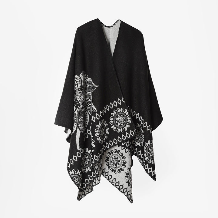 Damen Reversibler Muster-Capeponcho aus Wollmix mit floralen Medaillon-Details Drune