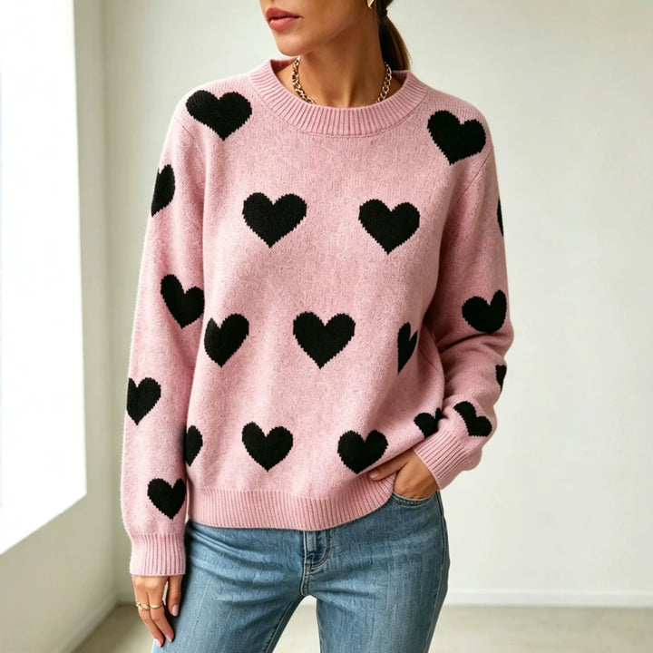 Damen Herz-Intarsien Rundhalspullover mit lässiger Oversize-Passform Drune