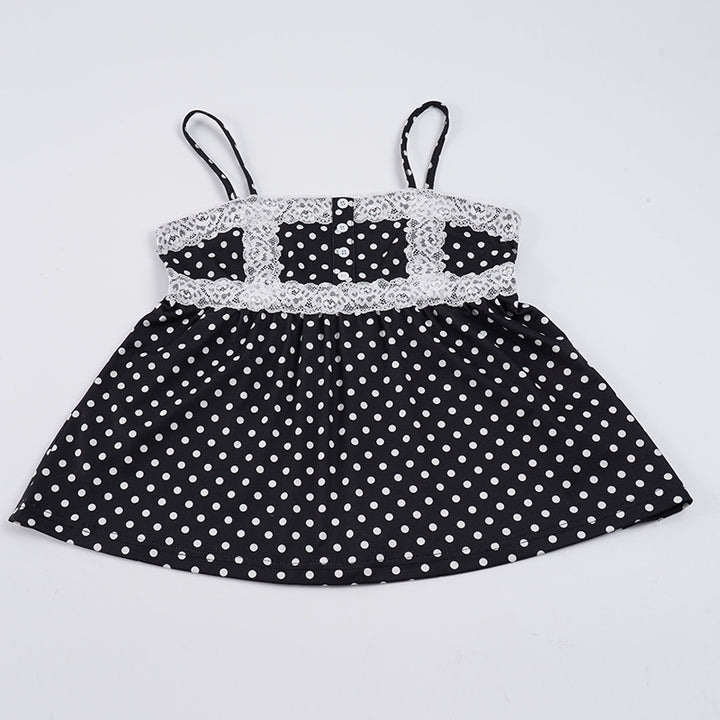Damen Spaghetti-Trägertop mit süßem Spitzenbesatz und Polka-Dots Drune