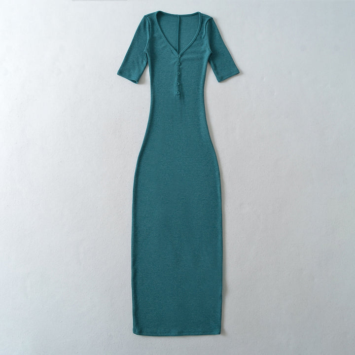 Damen Figurbetontes Midikleid aus Rippstrick mit Knopfleiste und halblangen Ärmeln Drune