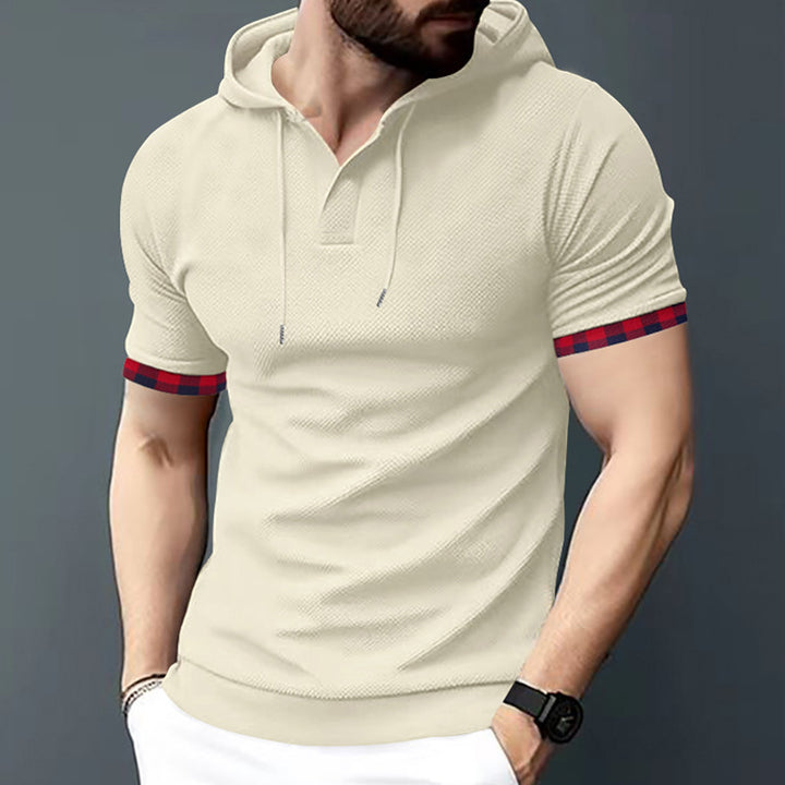 Herren nan figurbetontes Kurzarm-Kapuzenpoloshirt mit Henley-Blende und Kordelzug Drune