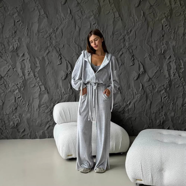 Damen Cropped Kapuzenjacke mit Kordelzug und weitem Split-Hose Lounge-Set Drune